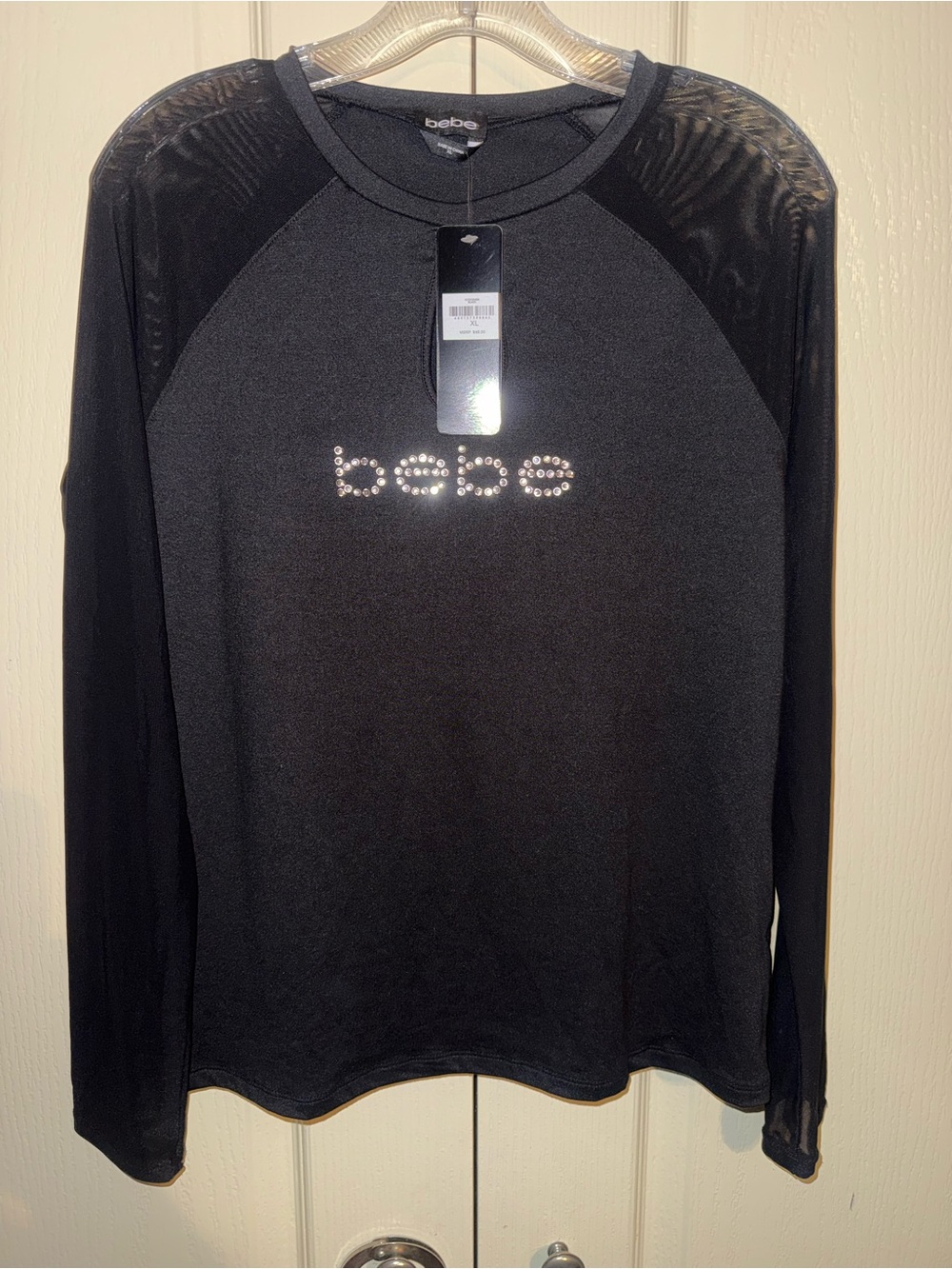 Bebe Women's Crystal Logo Mesh Long Sleeve Blouse Black Size XL (NEW)